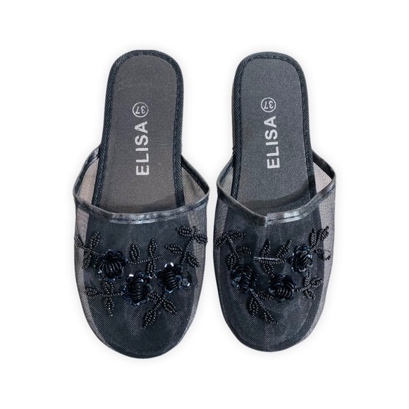 Vintage Sequin Mesh Slides Chinese Beaded Slippers with Floral Embellishments - Picture 6 of 6